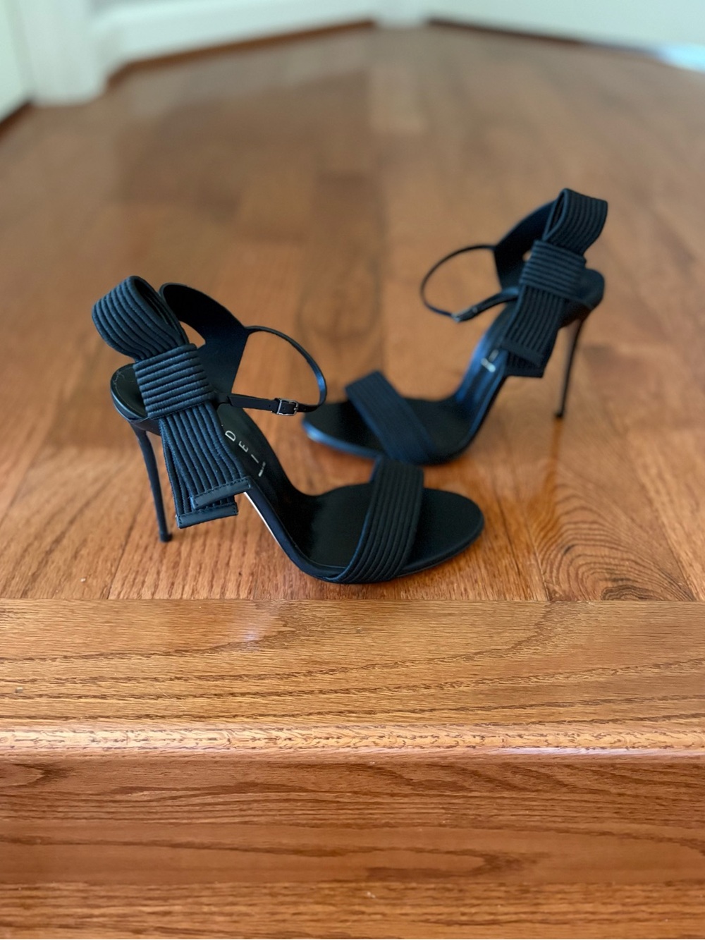 Casadei Black Ribbed Bow Ankle Strap Stiletto Sandals